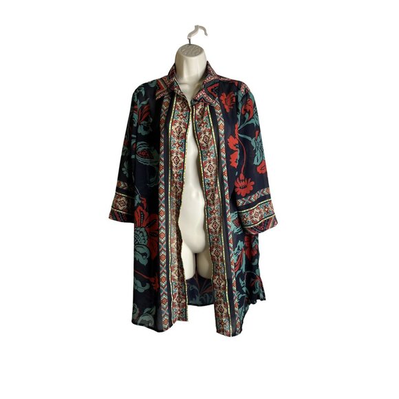 Soft Surroundings Size L Tribal Ikat Print Button Up Tunic Top Boho Sheer Kimono - Picture 2 of 7